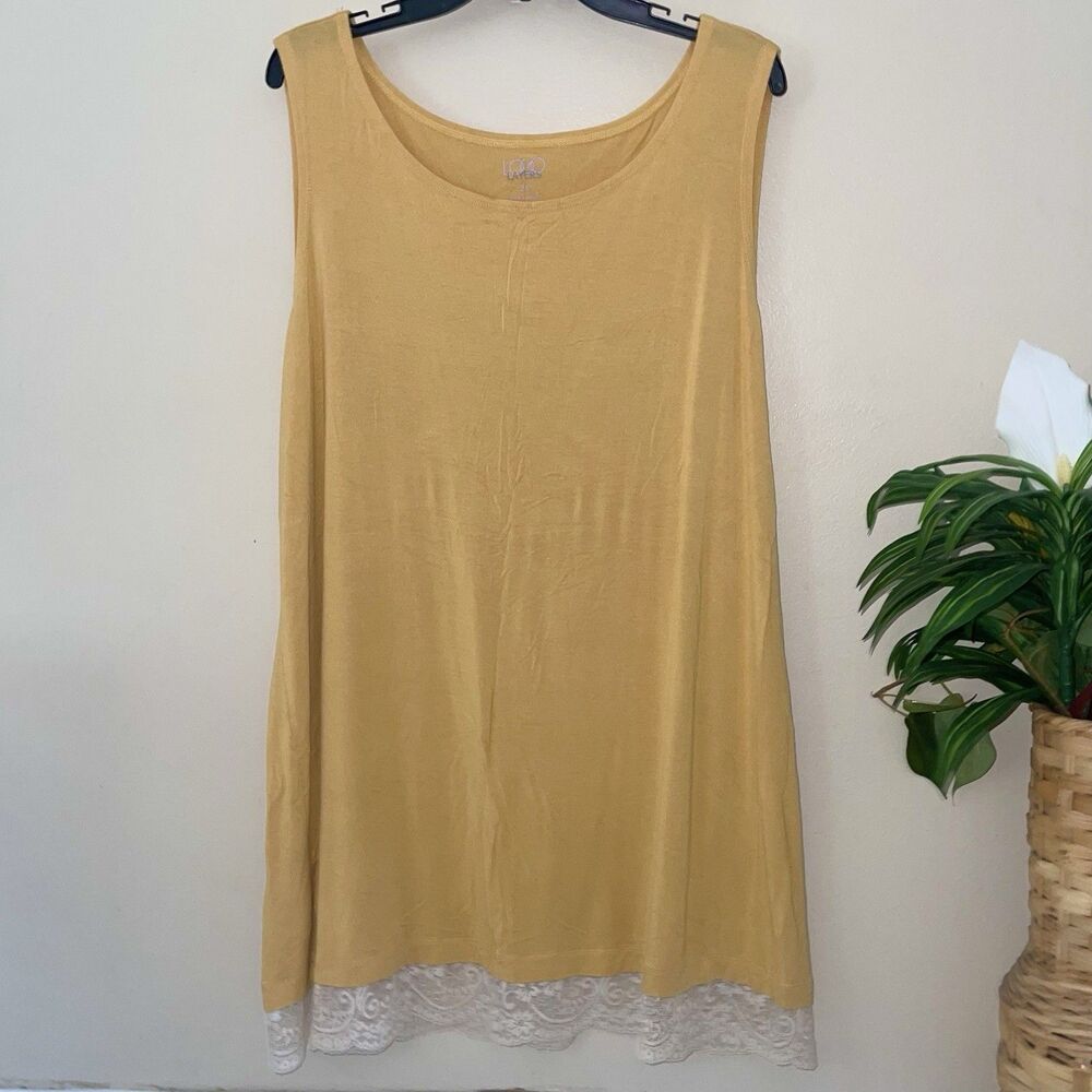 Logo Layers Tank Tunic Top Women Plus Size 3X Sleeveless Lace Knit Beige Mustard